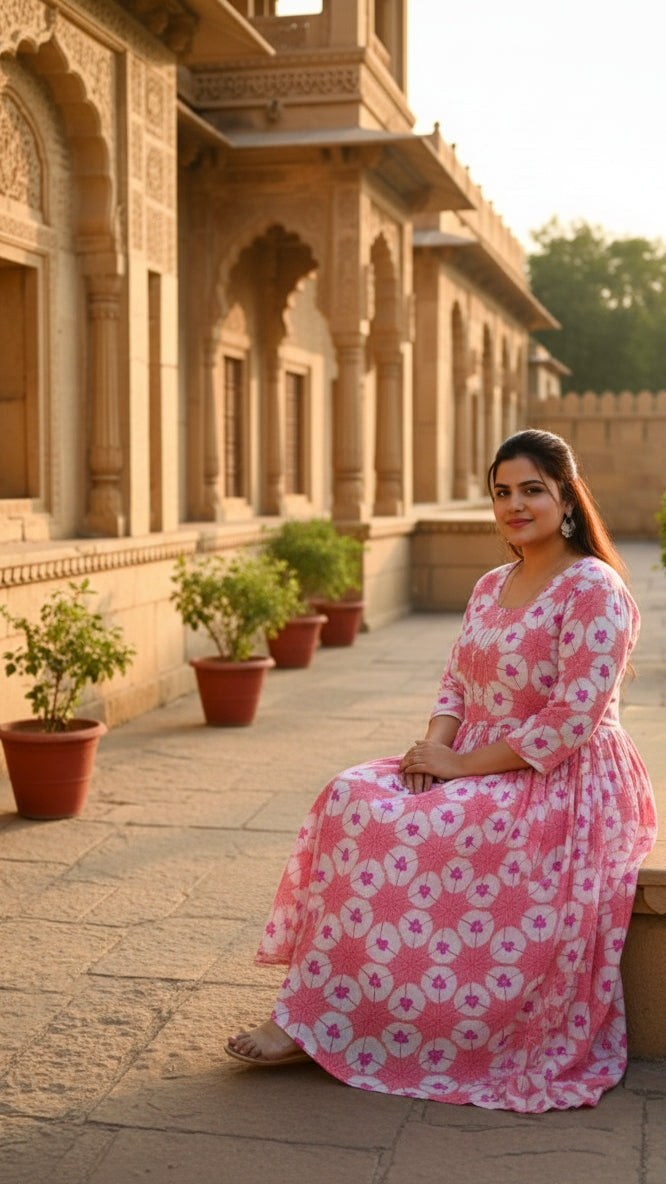Plus Size Cotton Pink Abstract Printed Gown