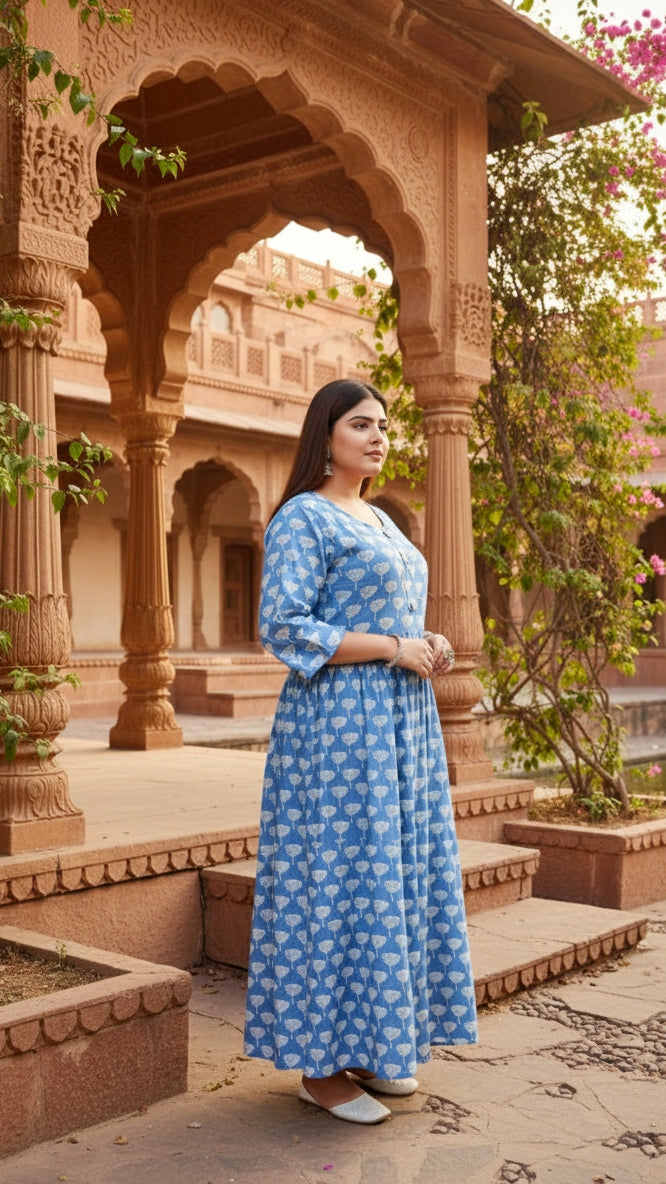 Plus Size Cotton Blue Abstract Printed Gown