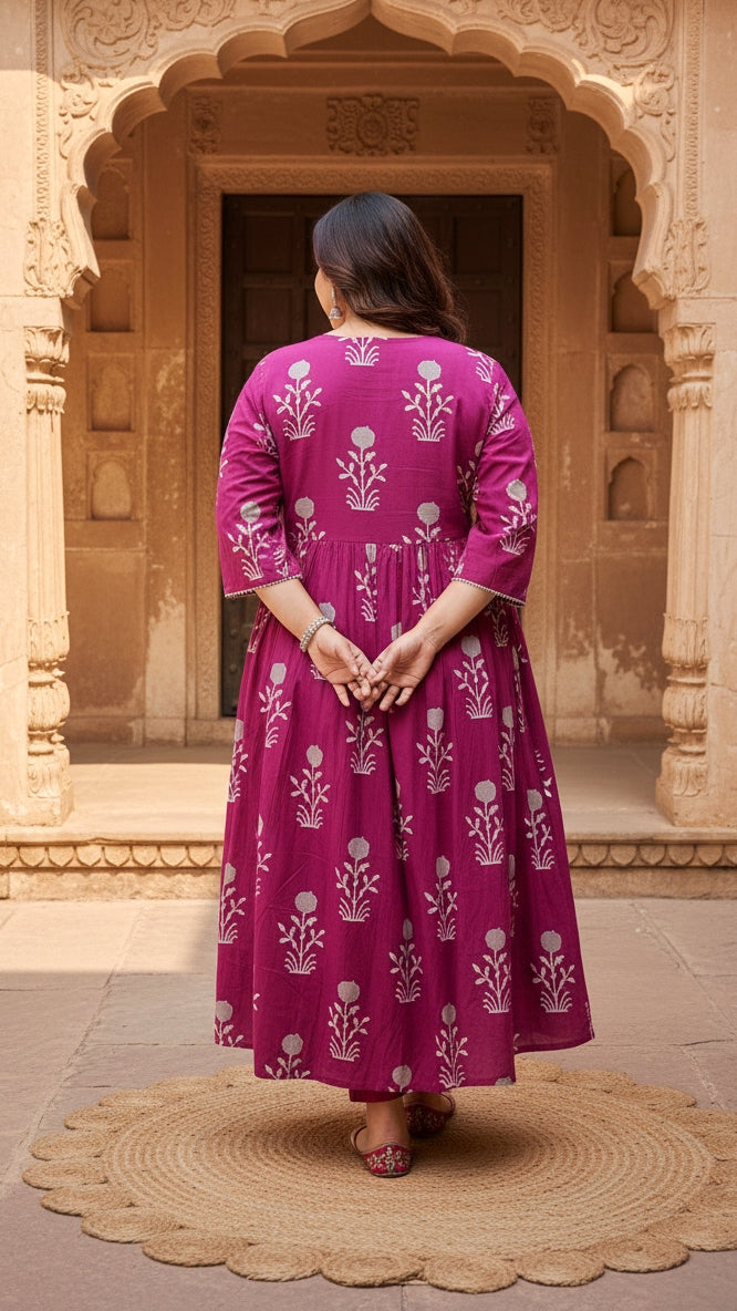 Plus Size Cotton Burgundy Floral Printed Gown