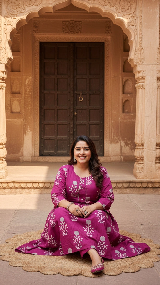 Plus Size Cotton Burgundy Floral Printed Gown