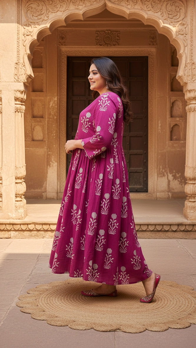 Plus Size Cotton Burgundy Floral Printed Gown