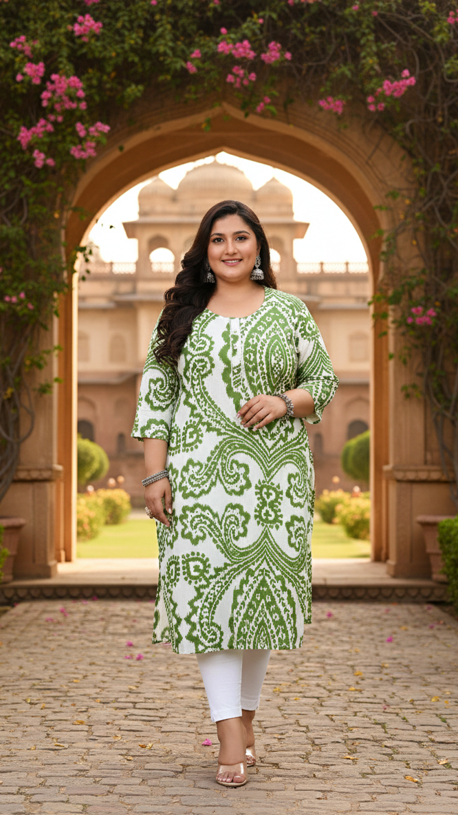 Women Printed Cotton Straight Kurta (B12-Green)