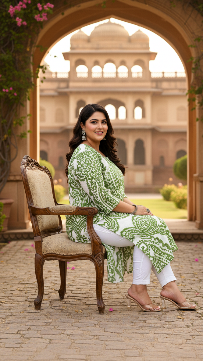 Women Printed Cotton Straight Kurta (B12-Green)