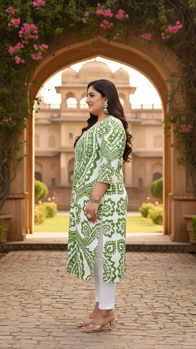 Women Printed Cotton Straight Kurta (B12-Green)
