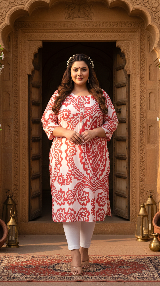 Women Printed Cotton Straight Kurta (B12-Red)