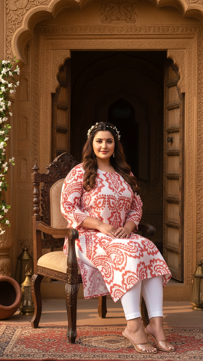 Women Printed Cotton Straight Kurta (B12-Red)