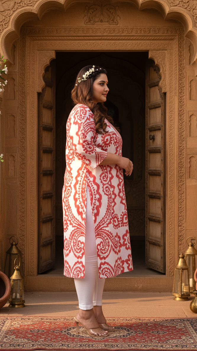 Women Printed Cotton Straight Kurta (B12-Red)