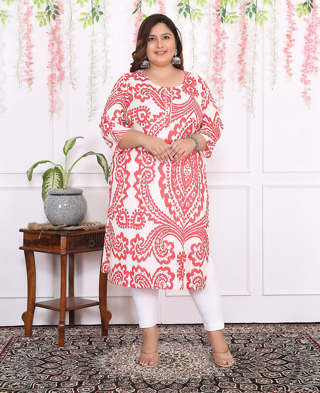 Women Printed Cotton Straight Kurta (B12-Red)