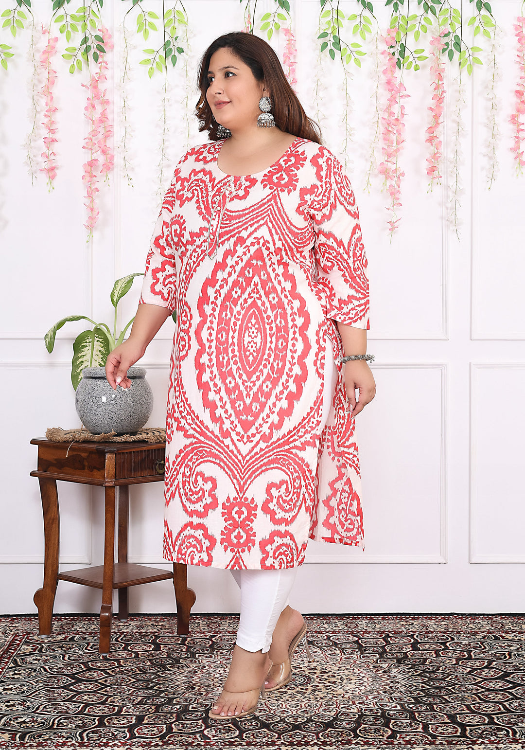 Women Printed Cotton Straight Kurta (B12-Red)