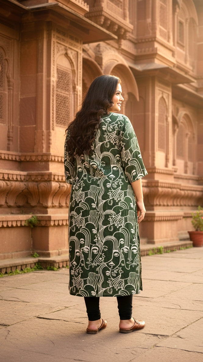 Green Faces Abstract Plus Size Cotton Kurta