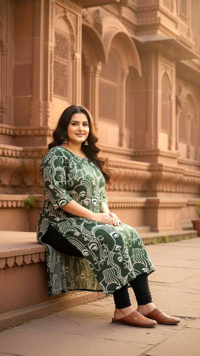 Green Faces Abstract Plus Size Cotton Kurta