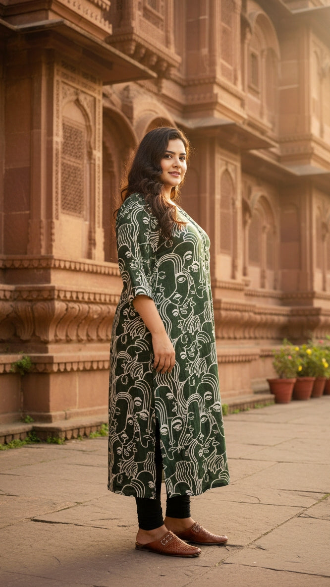 Green Faces Abstract Plus Size Cotton Kurta