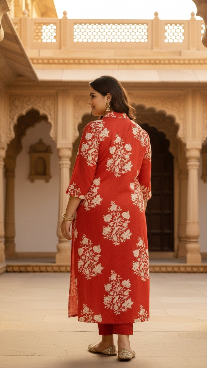 Plus Size Red Floral Printed Kurta