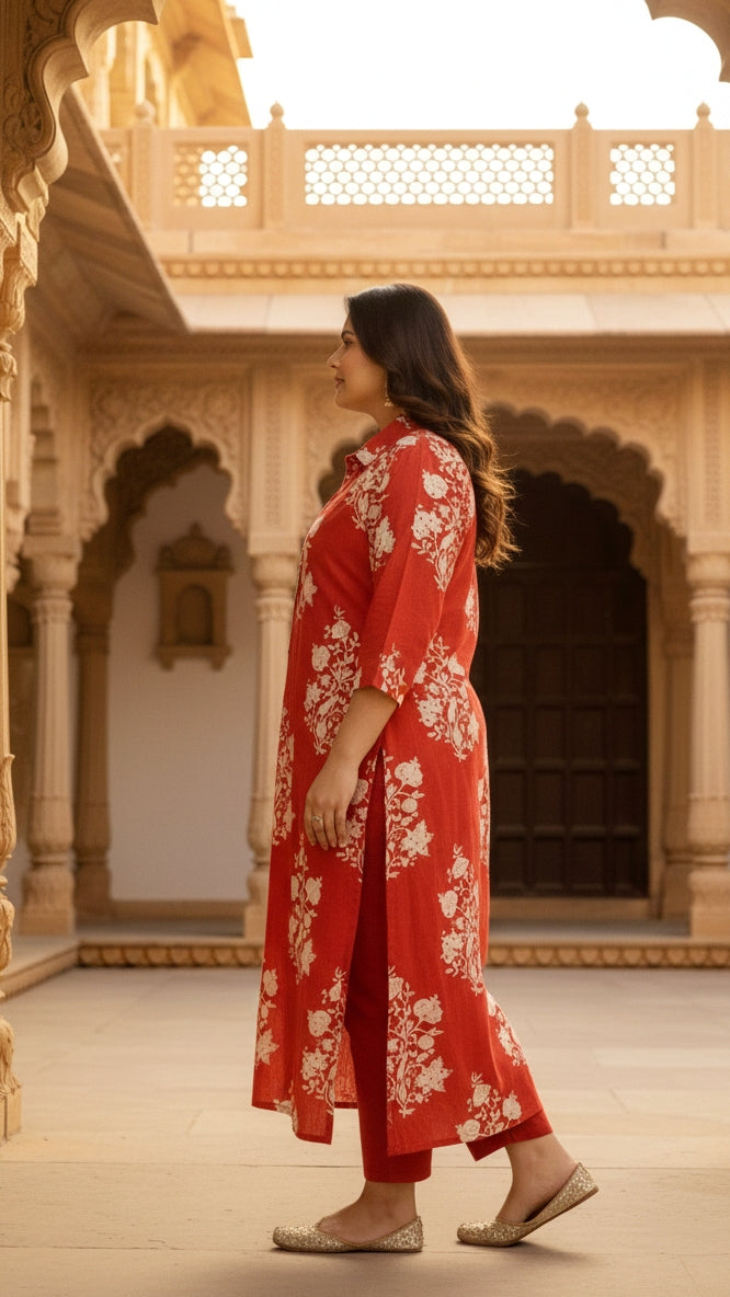 Plus Size Red Floral Printed Kurta