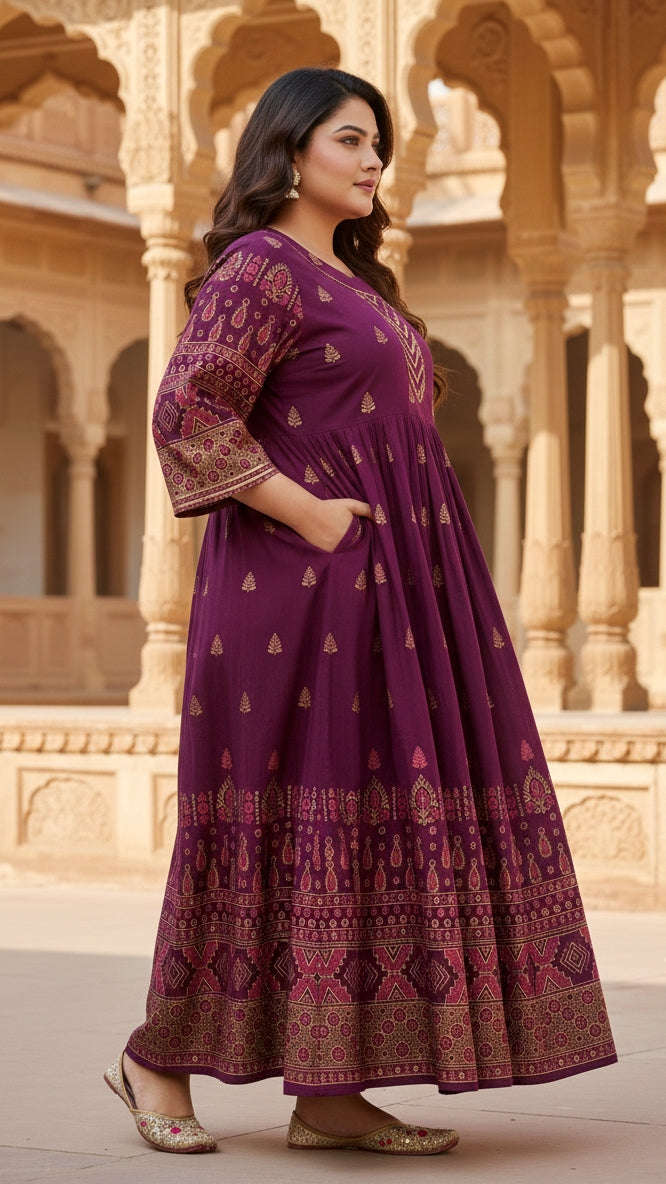 Plus Size Cotton Purple Abstract Printed Gown