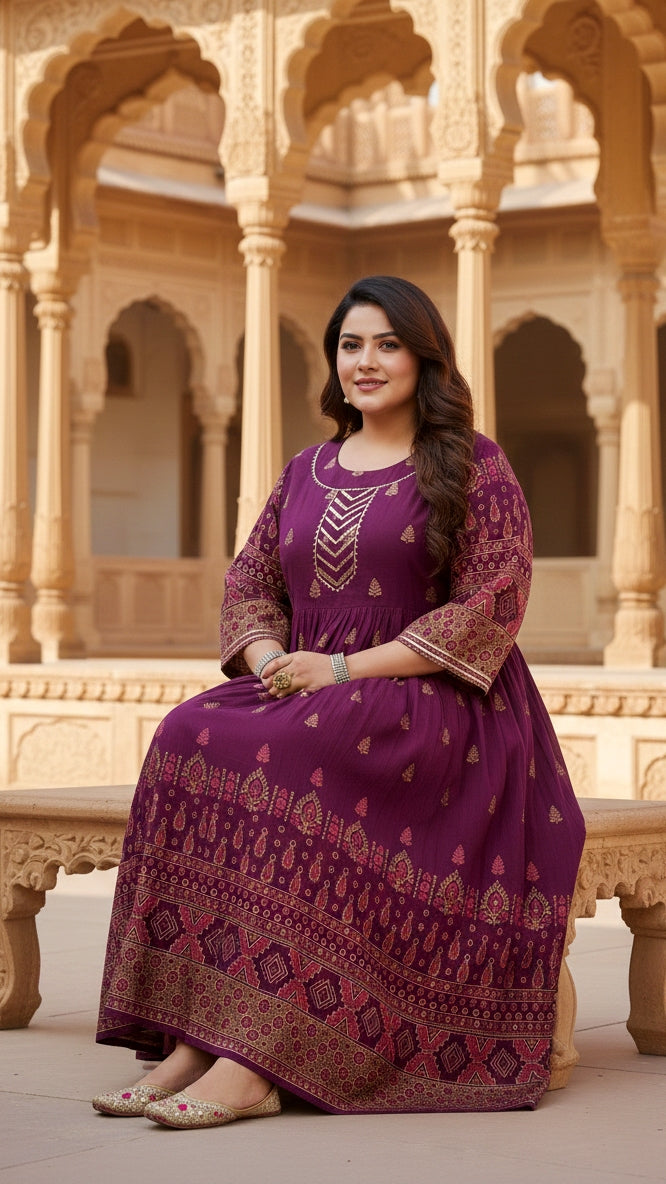 Plus Size Cotton Purple Abstract Printed Gown