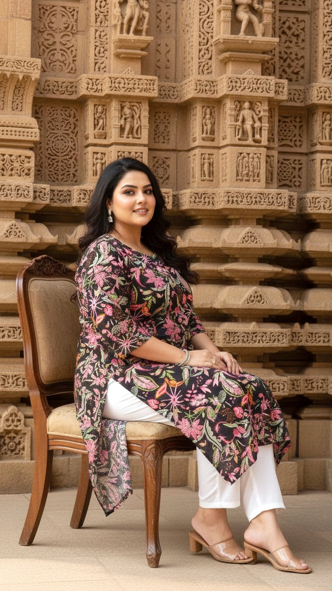 Plus Size Black Jungle Printed Kurta