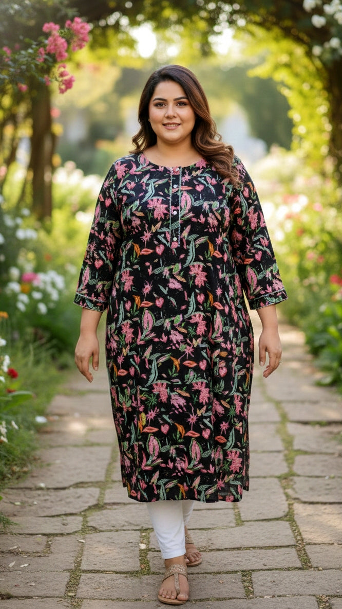 Plus Size Black Floral Printed Kurta