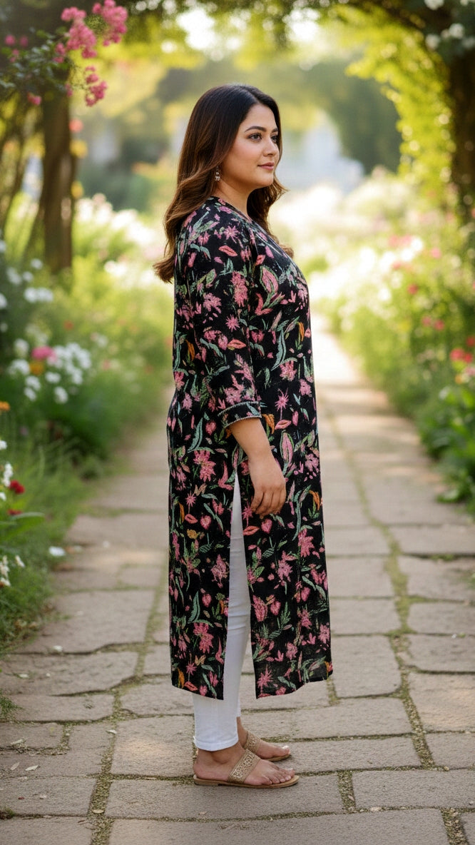 Plus Size Black Floral Printed Kurta