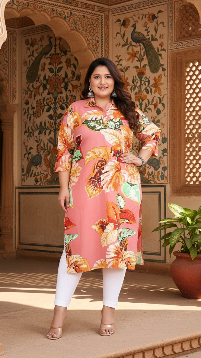 Women Printed Cotton Straight Kurta (B13-Peach)