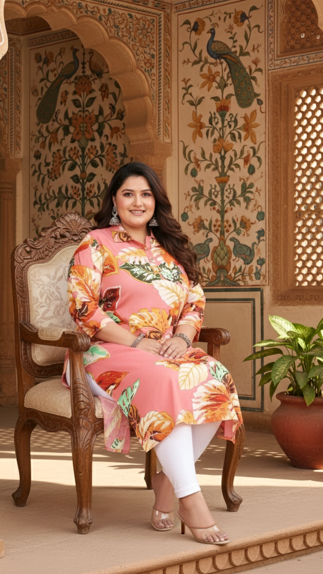 Women Printed Cotton Straight Kurta (B13-Peach)