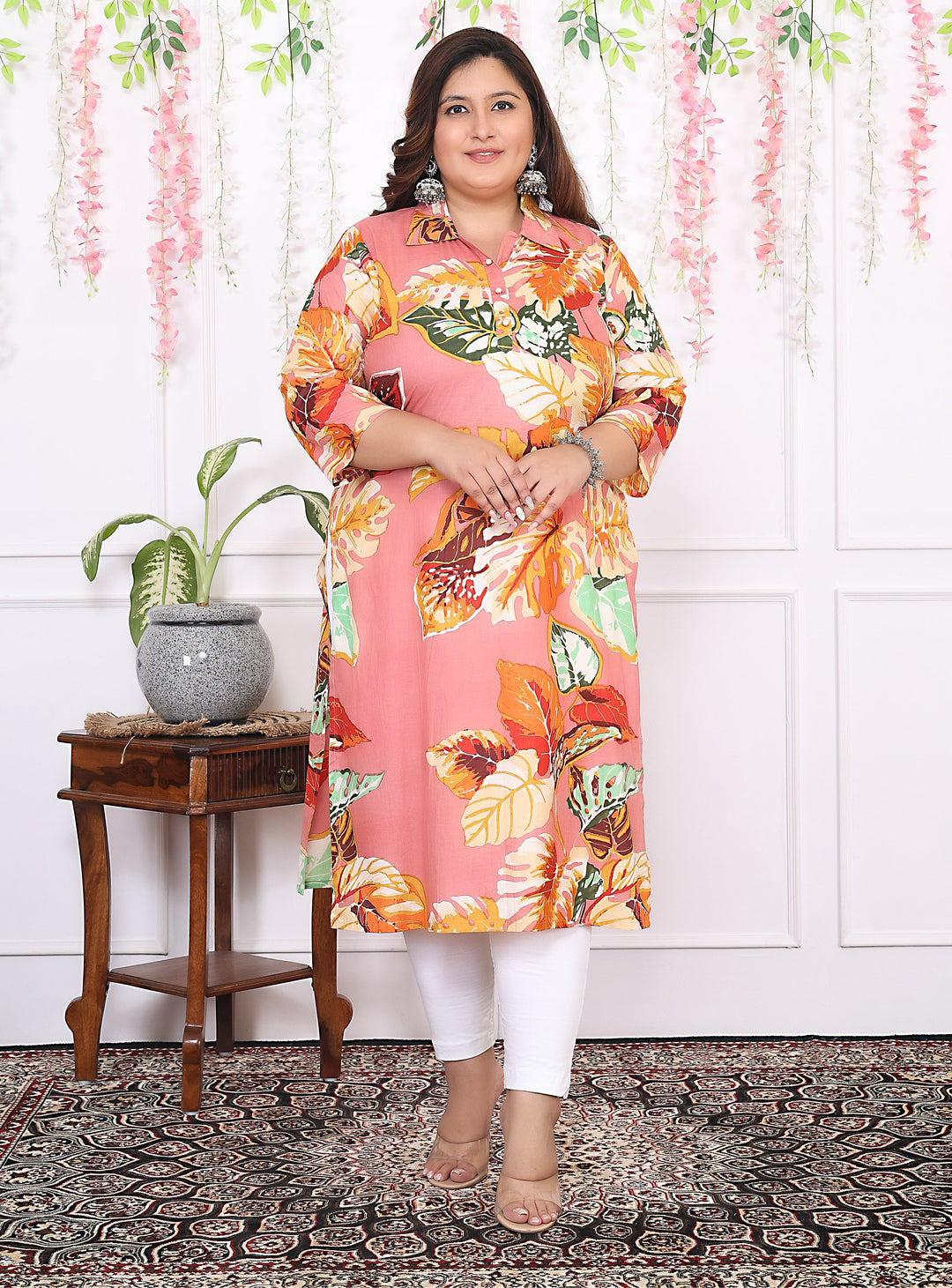 Women Printed Cotton Straight Kurta (B13-Peach)