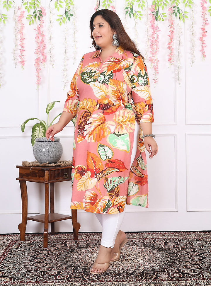 Women Printed Cotton Straight Kurta (B13-Peach)