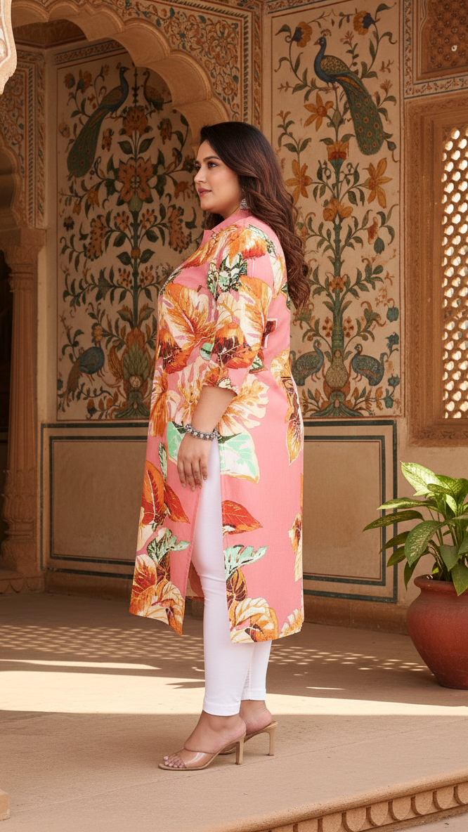 Women Printed Cotton Straight Kurta (B13-Peach)
