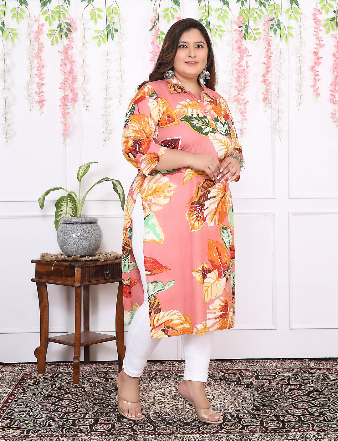 Women Printed Cotton Straight Kurta (B13-Peach)
