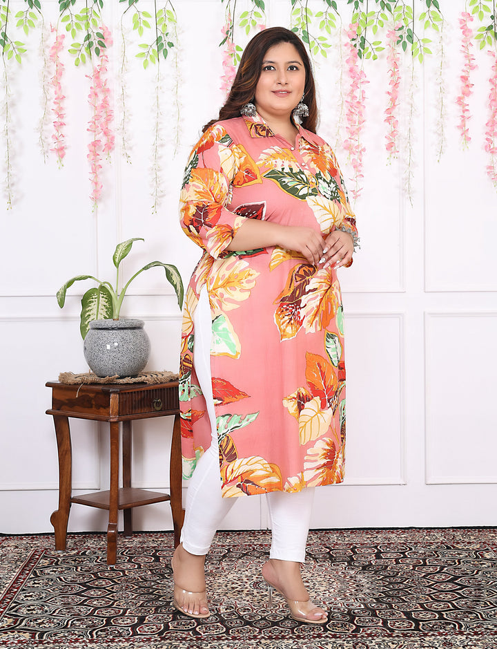 Women Printed Cotton Straight Kurta (B13-Peach)