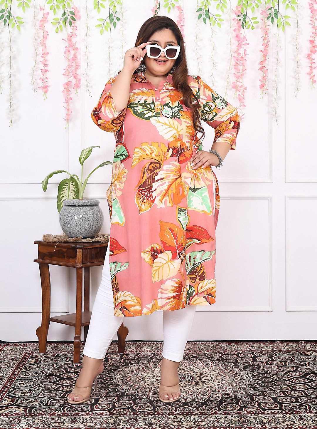 Women Printed Cotton Straight Kurta (B13-Peach)