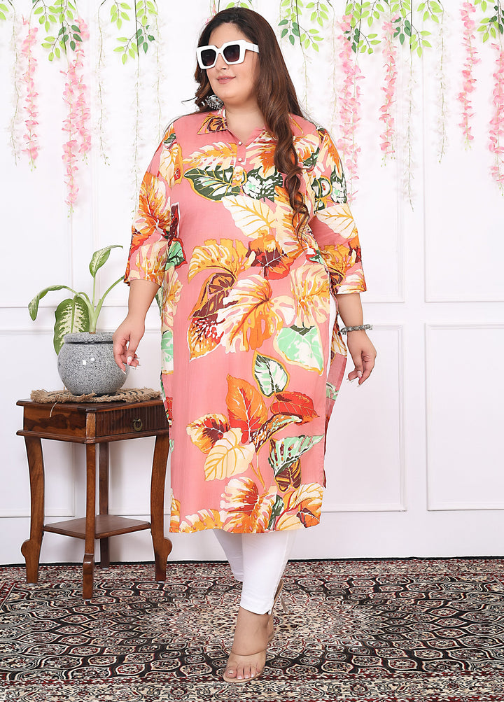 Women Printed Cotton Straight Kurta (B13-Peach)