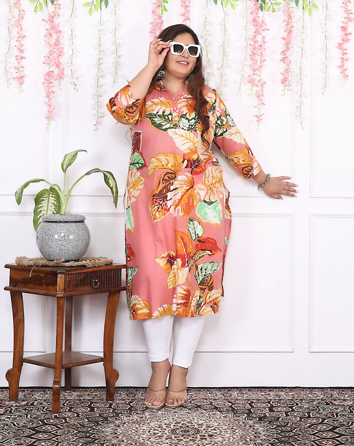Women Printed Cotton Straight Kurta (B13-Peach)
