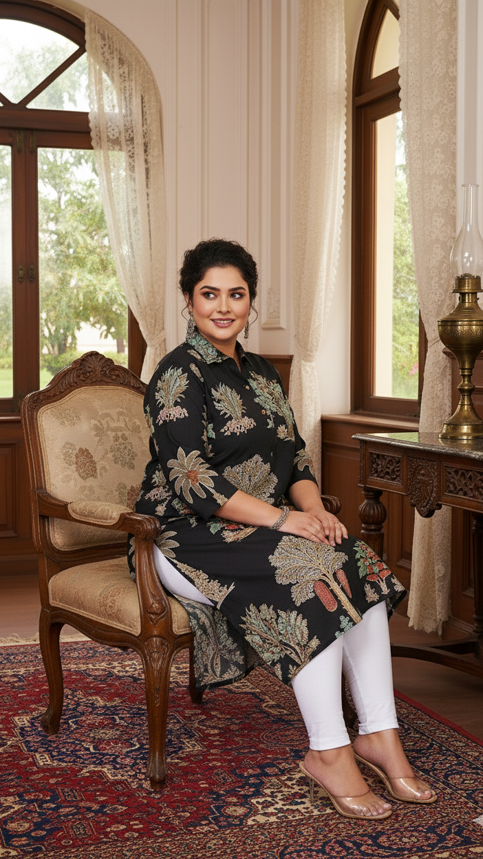 Women Printed Cotton Straight Kurta (B14-Black)