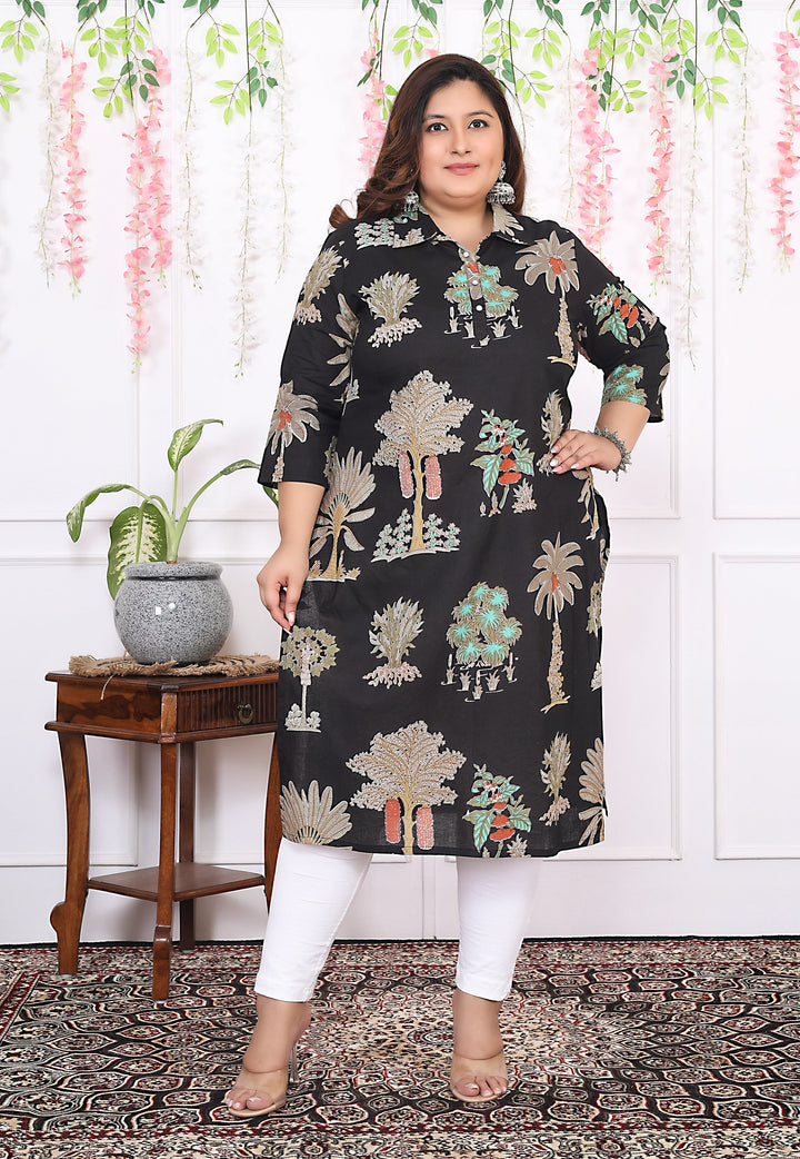 Women Printed Cotton Straight Kurta (B14-Black)