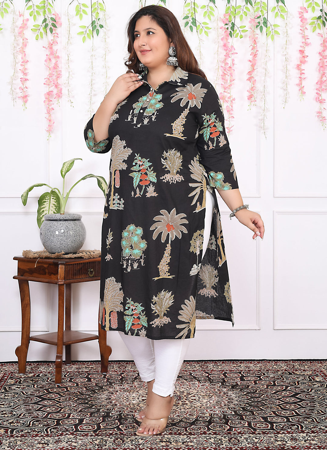 Women Printed Cotton Straight Kurta (B14-Black)