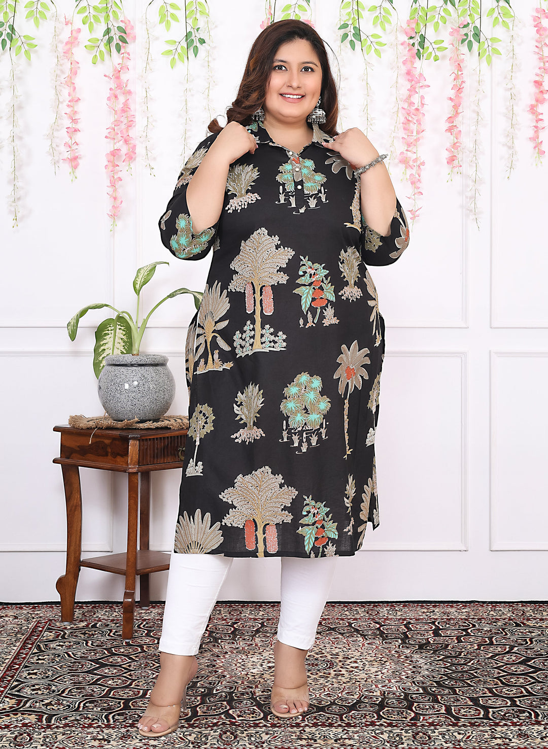 Women Printed Cotton Straight Kurta (B14-Black)