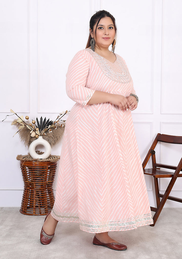 Plus Size Pink Cotton Leheriya Print Embroidered Long Kurta (B16-Pink)
