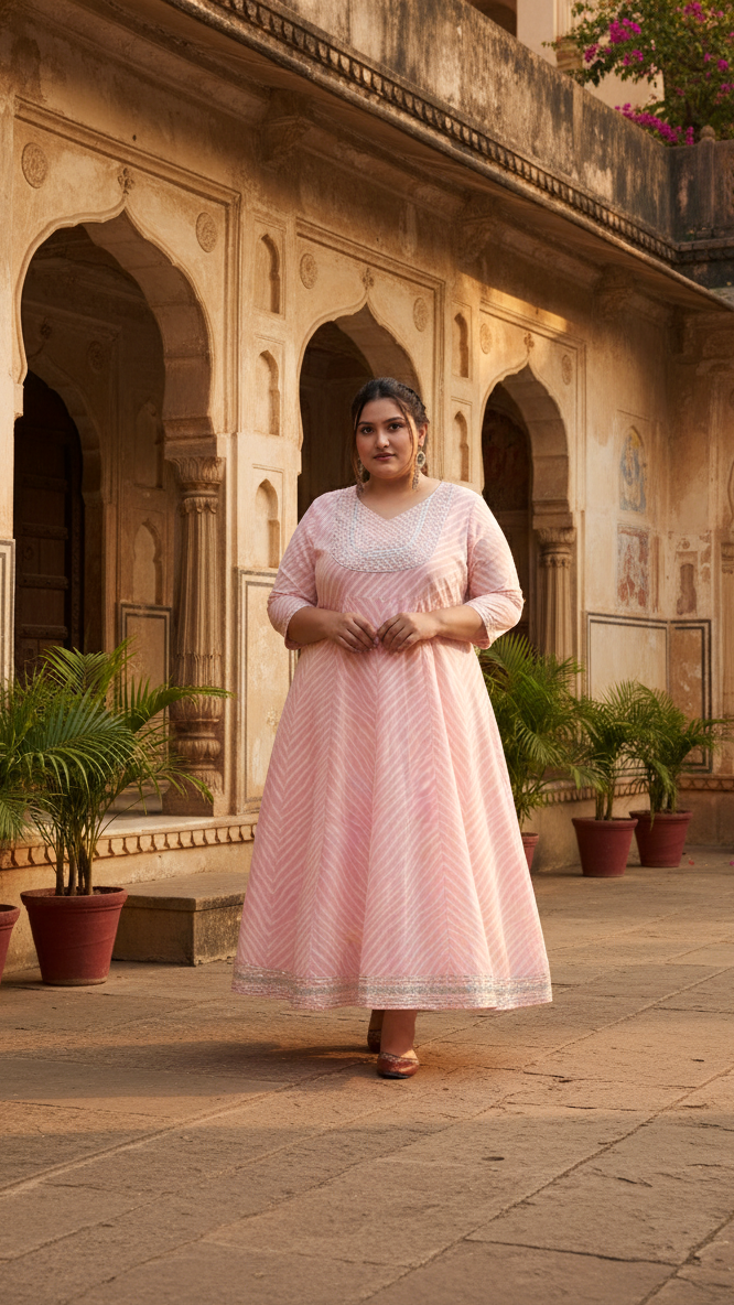 Plus Size Pink Cotton Leheriya Print Embroidered Long Kurta (B16-Pink)