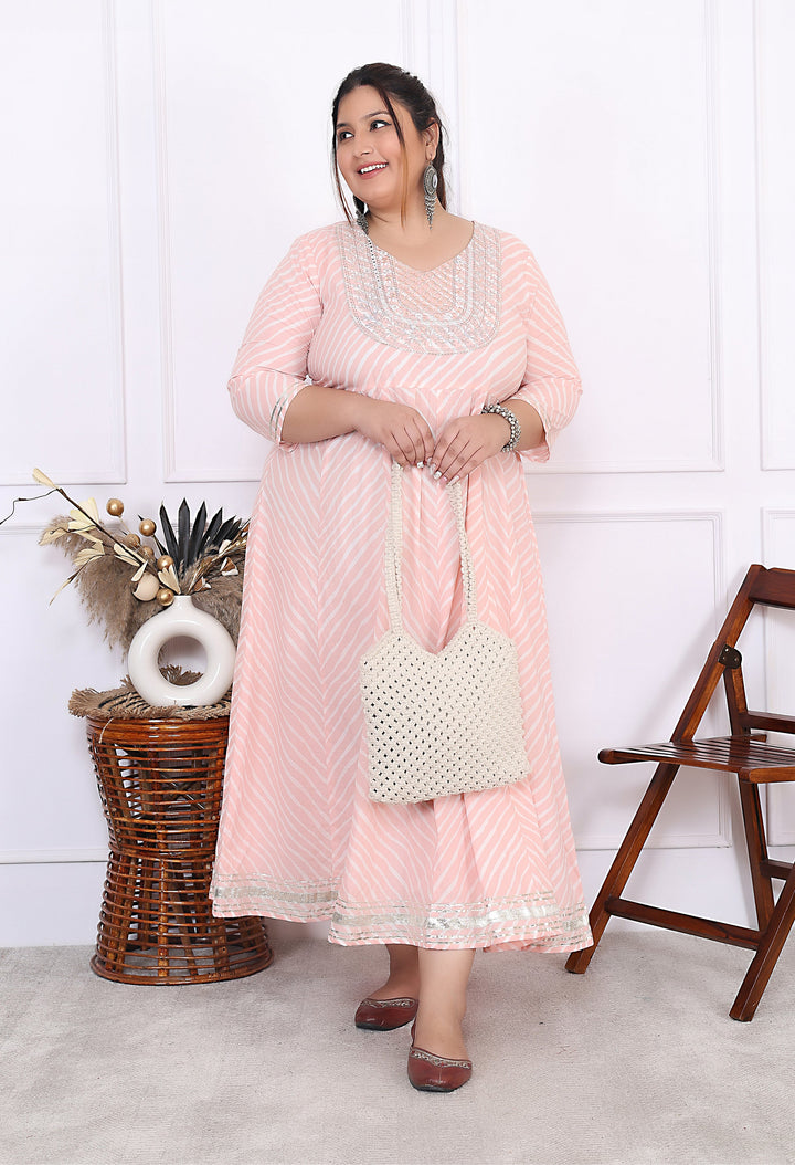 Plus Size Pink Cotton Leheriya Print Embroidered Long Kurta (B16-Pink)