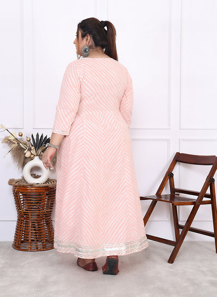 Plus Size Pink Cotton Leheriya Print Embroidered Long Kurta (B16-Pink)