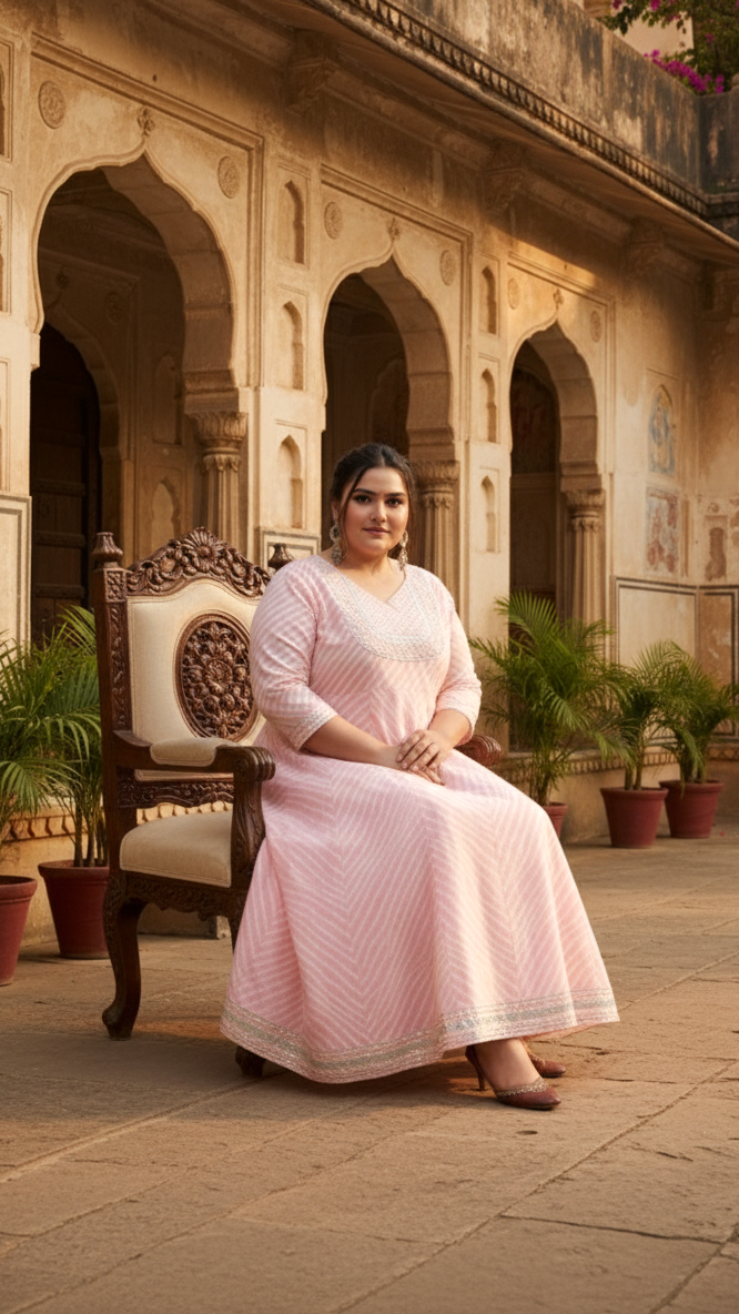 Plus Size Pink Cotton Leheriya Print Embroidered Long Kurta (B16-Pink)