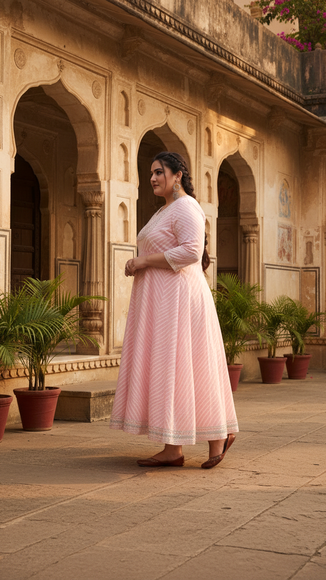 Plus Size Pink Cotton Leheriya Print Embroidered Long Kurta (B16-Pink)