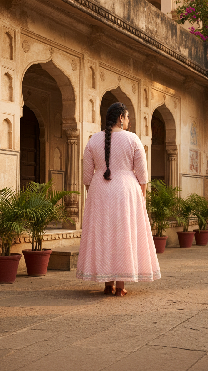 Plus Size Pink Cotton Leheriya Print Embroidered Long Kurta (B16-Pink)