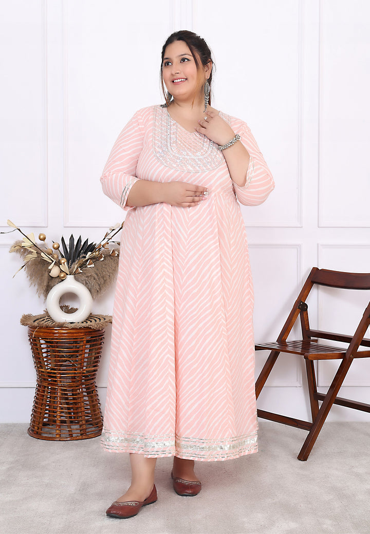 Plus Size Pink Cotton Leheriya Print Embroidered Long Kurta (B16-Pink)