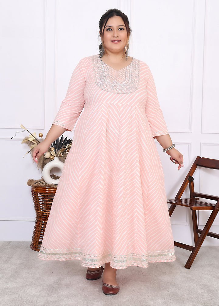 Plus Size Pink Cotton Leheriya Print Embroidered Long Kurta (B16-Pink)