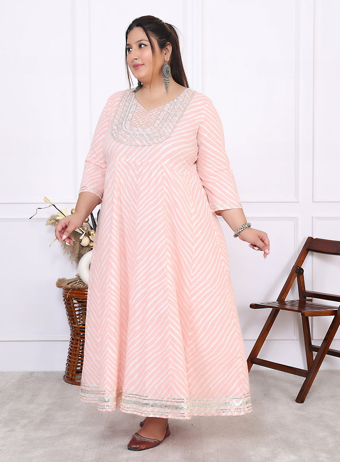 Plus Size Pink Cotton Leheriya Print Embroidered Long Kurta (B16-Pink)