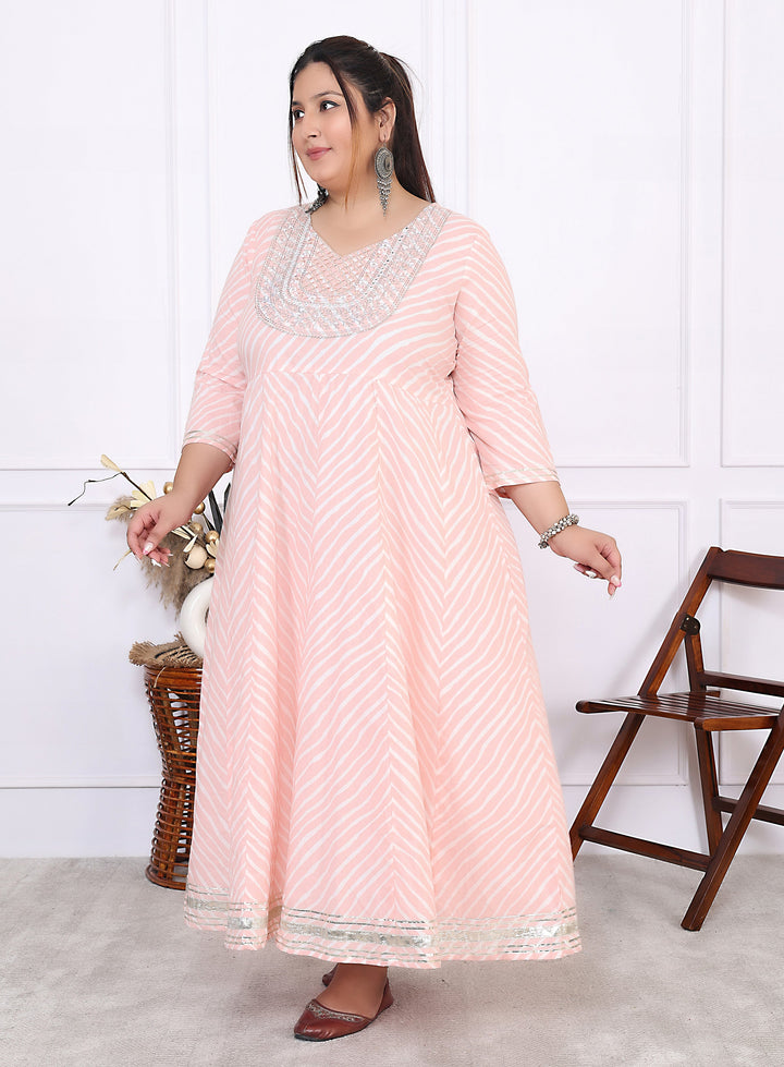 Plus Size Pink Cotton Leheriya Print Embroidered Long Kurta (B16-Pink)