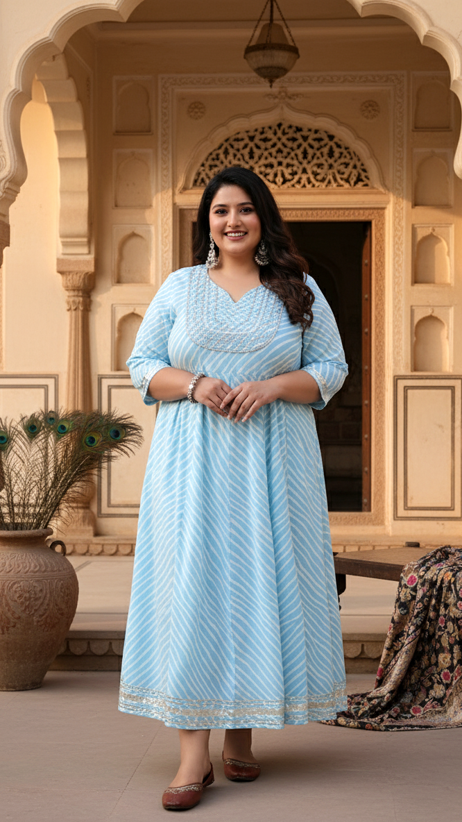 Plus Size Sky Blue Cotton Leheriya Print Embroidered Long Kurta (B16-Sky Blue)