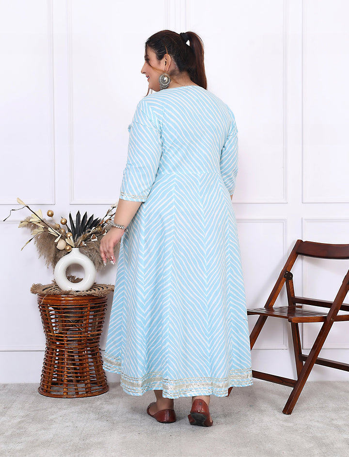 Plus Size Sky Blue Cotton Leheriya Print Embroidered Long Kurta (B16-Sky Blue)